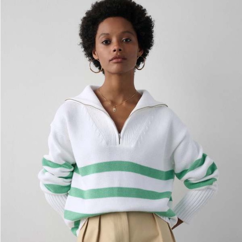 WHITE + WARREN ORGANIC COTTON STRIPED
QUARTER ZIP - WHITE/LAWN GREEN